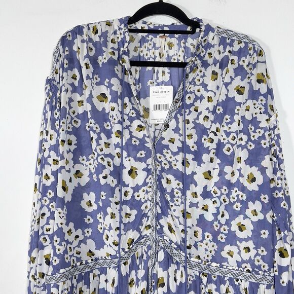 Free People Love Letter Tunic Top Mini Dress Sz S Blue Floral Long Sleeve - Picture 4 of 14